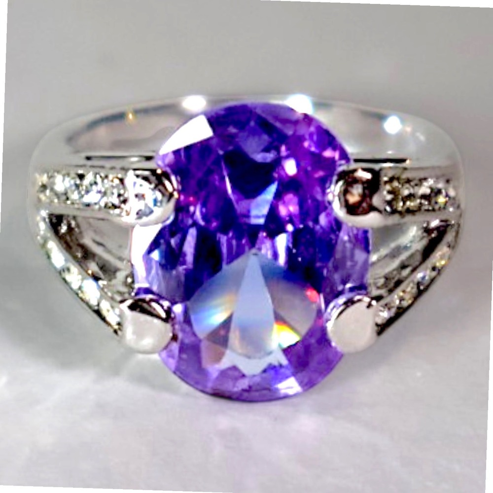 Swarovski Crystal Purple Oval Statement Ring Size 10 Sterling Silver Overlay NEW